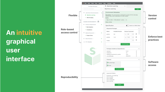 The image showcases the intuitive graphical user interface of Conda-Store. It highlights various features such as flexible environment management, role-based access control, version control, enforcement of best practices, and reproducibility. The interface displays different panels for managing conda environments, their dependencies, permissions, and generating reproducible artifacts like lockfiles and Docker images. The software aims to provide an easy-to-use interface for creating, controlling, and deploying reproducible conda environments.